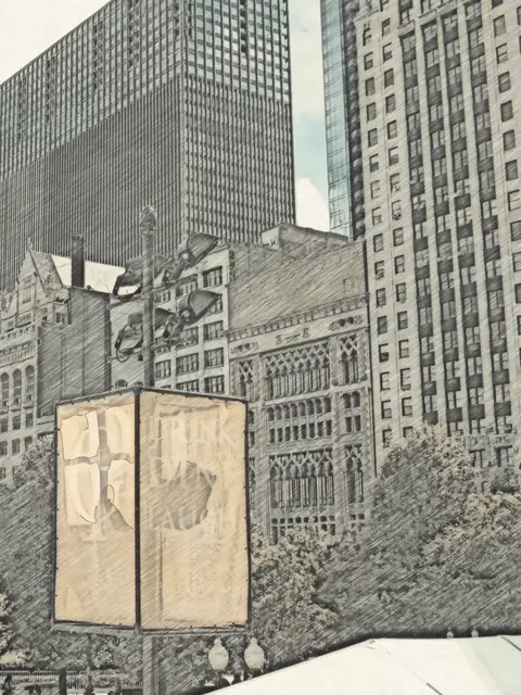 Watercolor sketch of the Michigan Avenue skyline from Millennium Park, Chicago